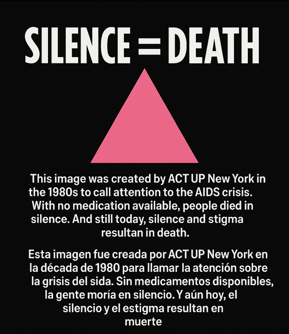 Graphic that reads &quot;Silence = Death&quot; on a black background with a pink triangle.