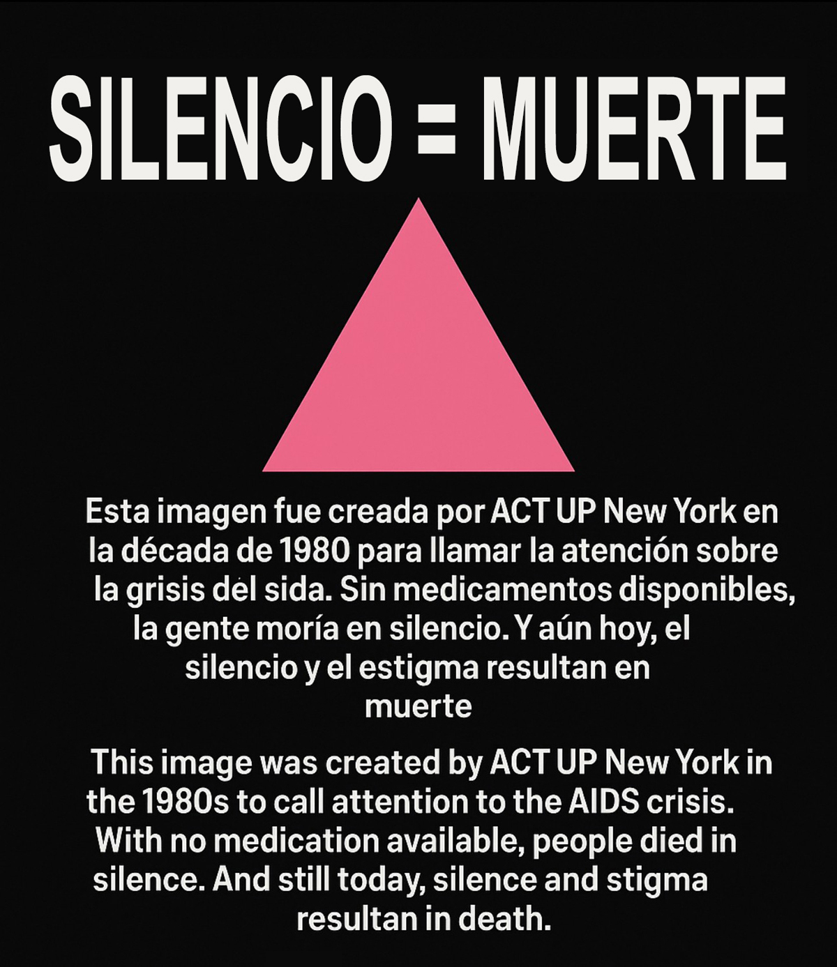Gráfico que dice &quot;Silencio = Muerte&quot; sobre un fondo negro con un triángulo rosa.
