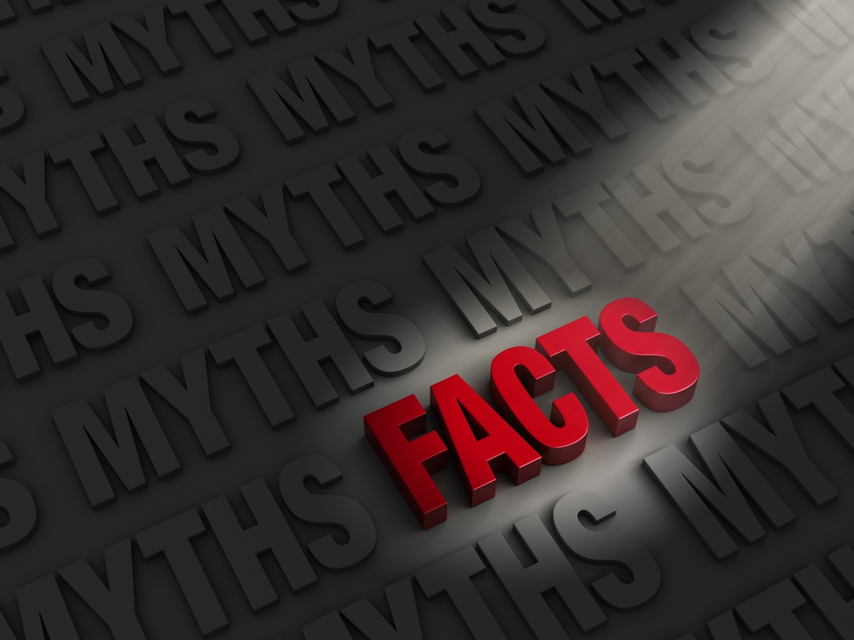 The word &quot;FACTS&quot; spotlighted in red letters surrounded by the word &quot;MYTHS&quot;.