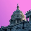 United States capitol building with a pink-purple sky. 