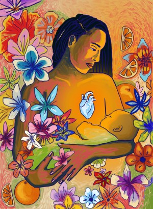 Ilustración de una mujer amamantando a un bebé con flores a su alrededor.