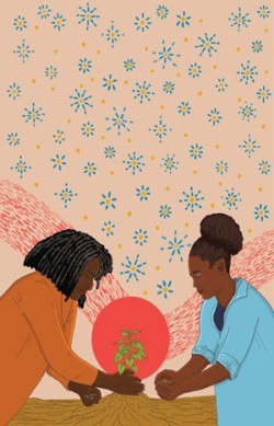 Illustration of two women planting a seedling.