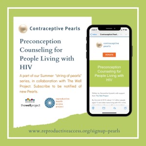Cell phone with text: &quot;Contraceptive Pearls: Preconception Counseling for People Living with HIV.&quot;
