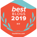 Red and blue healthline.com badge that reads Best blogs of 2019, HIV.  