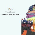 Annual Report 2019: Art by Farah Jeune of people marching & woman's face overlaid by colorful flag.