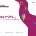 Representation of women on winding path and words "hope" "self-esteem" "community" and "advocacy".