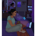 Illustration of woman sitting on a bed using a computer.