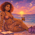 AI-generated image of a woman on a beach with an open notebook in front of her and a baby dragon curled up next to her.
