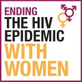 Woman symbol and trans symbol and words "Ending the HIV epidemic with women" and a purple border.