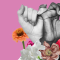 Two hand linking fingers with flowers and a pink background.
