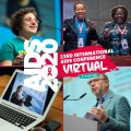 AIDS 2020 conference flyer with woman smiling and laptop on table. 
