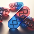 Red and blue capsules with double helices inside.