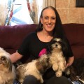 Katie Willingham, smiling, sitting on sofa with five small dogs.