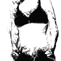 Semiabstract representation of woman's torso from shoulders to hips wearing bra and open-top pants.