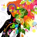 Ilustración de silueta de mujer con cabello colorido, formas, hojas y mariposas a su alrededor.