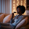A woman sitting on a couch, drinking a glass of wine. 
