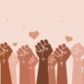 Illustration of fists raised with hearts surrounding.