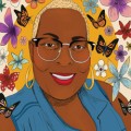 Colorida ilustración de Jay con mariposas y flores a su alrededor.