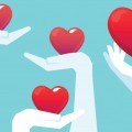 Illustration of several hands holding hearts.