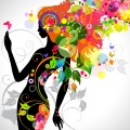 Illustration of silhouette of woman with colorful hair, shapes, leaves and butterflies around her.