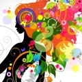 Illustration of silhouette of woman with colorful hair, shapes, leaves and butterflies around her.