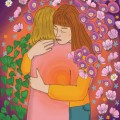 Colorida ilustración de dos mujeres abrazándose, rodeadas de flores.
