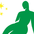 Abstract illustration of green woman's body and yellow stars.