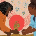 Ilustración de dos mujeres plantando una plántula.