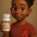 Illustration of young girl holding a bottle of medication.