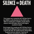 Graphic that reads "Silence = Death" on a black background with a pink triangle.