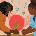 Illustration of two women planting a seedling.