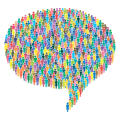 Ilustración multicolor de un grupo de personas reunidas en forma de burbuja de diálogo.