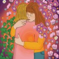 Colorful illustration of two women hugging, surrounded by flowers.