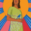 Colorida ilustración de una mujer con un pájaro azul parado en su mano, con el sol detrás de ella.