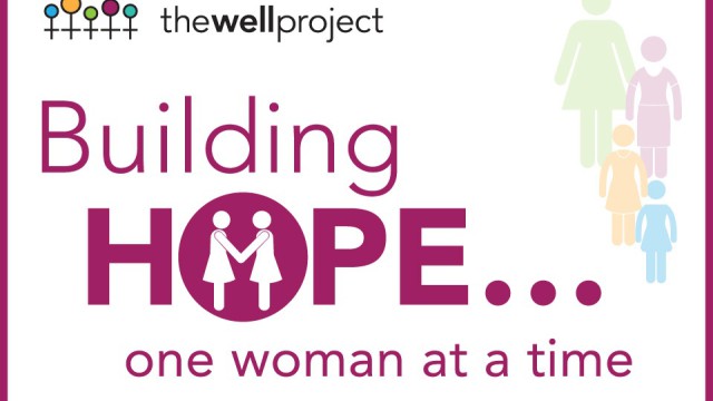 Words "Building Hope... One Woman at a time" with bright simple representations of women.