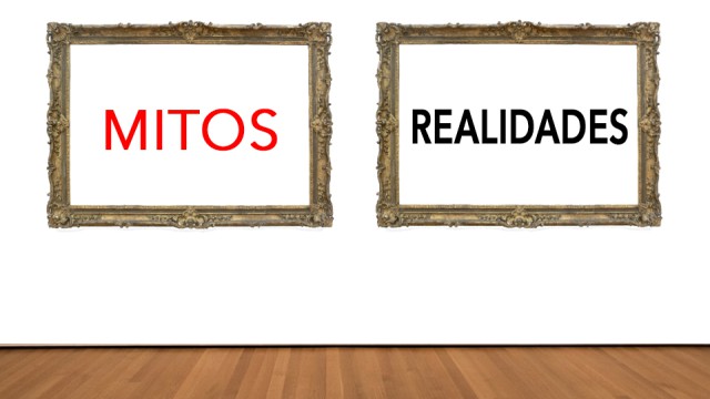 Dos marcos dorados, uno con la palabra "mitos" en rojo y otro con la palabra "realidades" en negro.