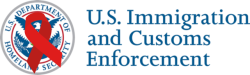 Department of Homeland Security seal with red ribbon over it and the words U.S. Immigration and Customs Enforcement.