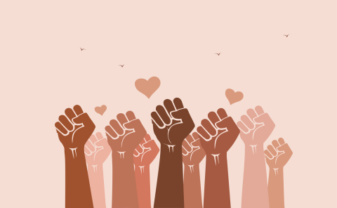 Illustration of fists raised with hearts surrounding.