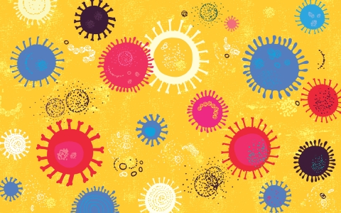 Ilustración de varios gérmenes sobre un fondo amarillo.
