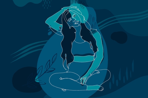Abstract illustration of a woman sitting cross legged and holding her head to one side.