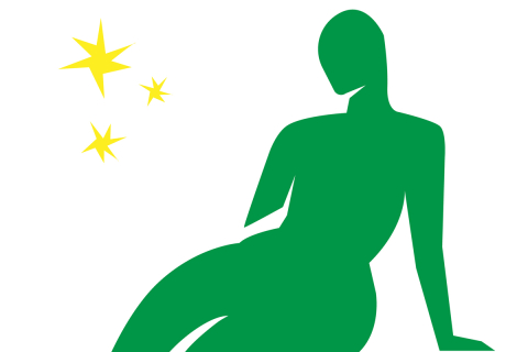 Abstract illustration of green woman's body and yellow stars.