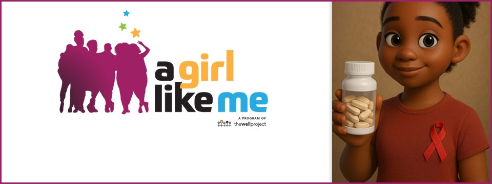 A Girl Like My logo and illustration of a girl wearing a red ribbon and holding a bottle of pills.