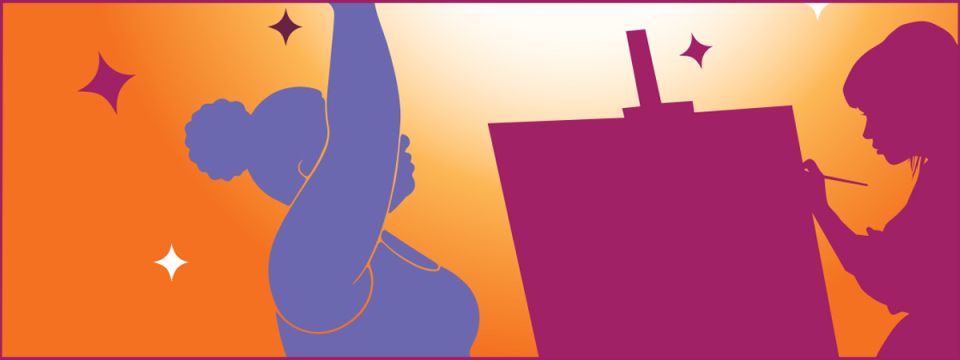 Illustration of woman doing yoga and other painting.