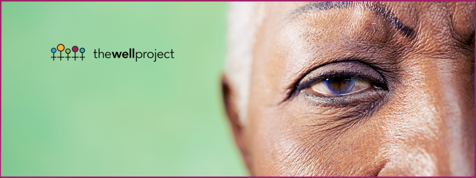 Close up of woman's face on green background and The Well Project logo.