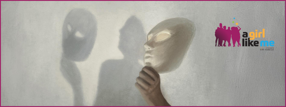 Illustration of hand holding a mask away from a face.