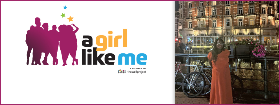 A Girl Like Me blogger Eunice "Nonsensical thinking" standing in front of a building at night and logo for A Girl Like Me.