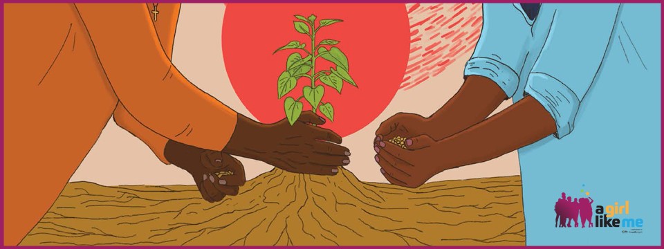 Illustration of two women planting a seedling.