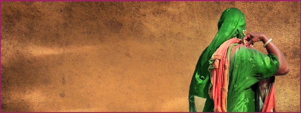 Back of woman in sari walking past a wall.