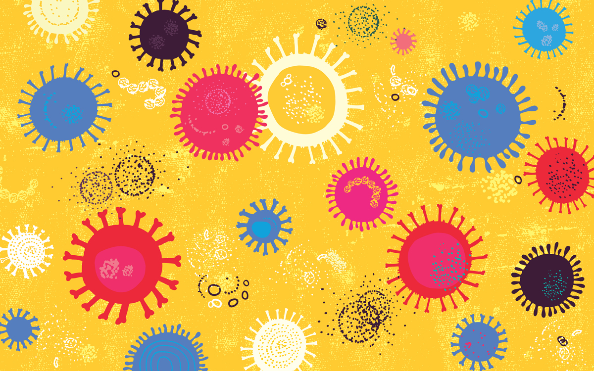 Illustration of various germs on a yellow background.